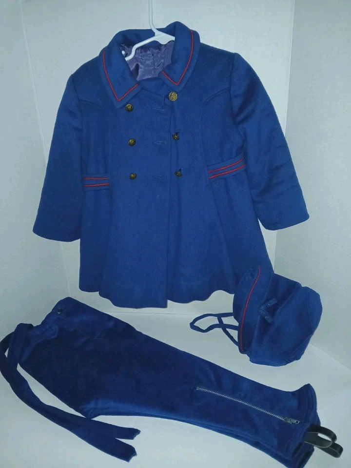 Conjunto de abrigo de lana vintage de los años 50 para niños pequeños hecho en Unión EE. UU. azul rojo ribete estilo dinero antiguo Foto 1 de 4