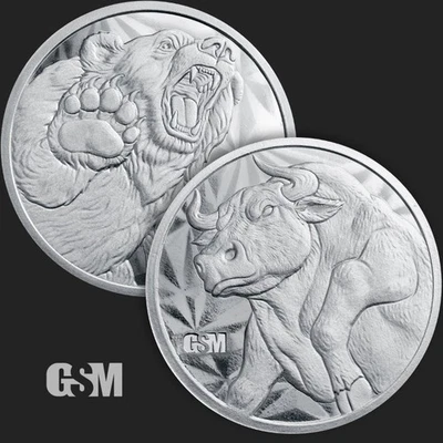 BULL AND BEAR MARKET BU 1 oz .999 FINE GSM Silver Round  - IN STOCK - Image 1 of 3