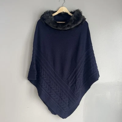 Poncho tejido con cable Talbots imitación piel cuello capa suéter azul marino grande nuevo con etiquetas Foto 1 de 4