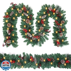 9FT Christmas Garland with Lights，Battery Operated Lighted Garland with Pine  - Picture 1 of 5