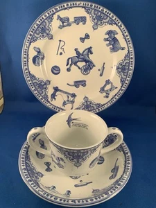 Spode Edwardian Childhood Breakfast Set Blue & White Cup Bowl Plate England - Picture 1 of 7