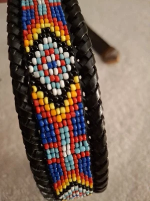 Vtg 1991 Western Colorful Seed Bead Black Leather Braided Belt Men Woman Sz 28 - Image 1 of 4