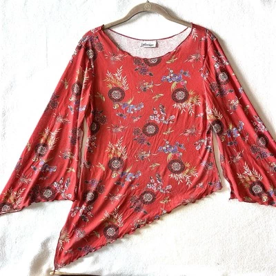 Винтажный Y2K 90-х L большой разделенный рукав асимметричный азиатский фея гранж красный салат - Изображение 1 из 4