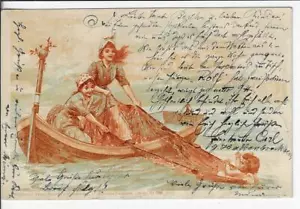 Postal alemana pionera de 1898 con mujeres tirando de Cupido en un bote Bertha Seifert - Imagen 1 de 2