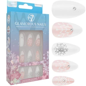 W7 Glamorous Nails - Snow Ballin' Shiny False Fake Stick On Glue Included French - Picture 1 of 2