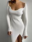 Collar Elegant Knitting Slit Dress for Women Autumn Winter Dresses Clothes