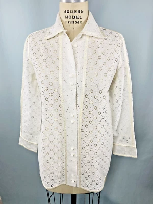 Vintage Blouse SIZE MEDIUM white PETER PAN lace mesh long sleeve collar 70s USA - Image 1 of 4