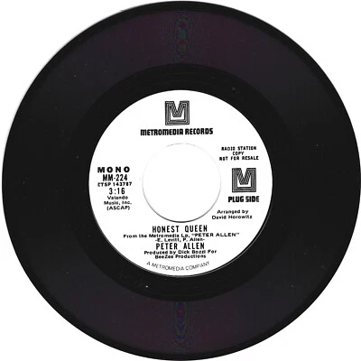 PETER ALLEN: Honest Queen - DJ Promo 45 in MONO and STEREO plays EX sound - Image 1 of 2