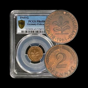 GERMANY. 1965, 2 Pfennig, G - PCGS PR65 - Top Pop 🥇 Karlsruhe Proof, Oak - Picture 1 of 7