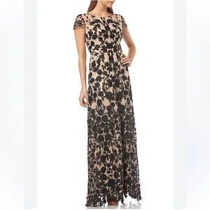 JS collections Dress Womens size 4 floral applique Gown Beige and Black Mesh - Picture 1 of 13