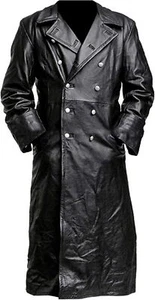 Mens German Military Uniform WW2 Officer Classic Black Real Leather Trench Coat - Picture 1 of 5