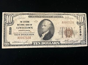 1929 $10 Citizens National Bank LEWISTOWN Pennsylvania National Currency CH#5289 - Picture 1 of 11