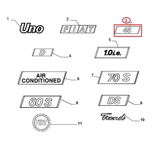 LOGO SIGLA MODELLO ''45'' ANTERIORE LATERALE FIAT UNO 45 ORIGINALE 7704280 - Imagen 1 de 1