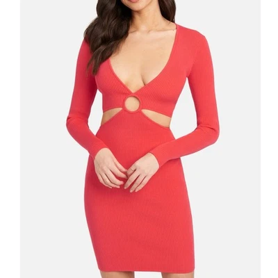 Sexy Vestido Suéter Bebe Talla Grande Acanalado Recortado Manga Larga Rosa Cuello en V Foto 1 de 4