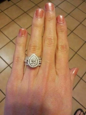 1.5CT Pear Cut Double Halo Lab-Created Diamond Bridal Ring Band Set 14K W Gold - Image 1 of 4