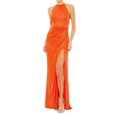 Nuevo con etiquetas Vestido Maxi Vestido Ieena Mac Duggal Lentejuelas Naranja Halter Cuello Espalda Abierta Talla 6 Foto 1 de 4