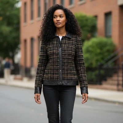 Chaqueta para mujer Talbots Collection negra tostada a cuadros de cuero tweed talla 8 Foto 1 de 4