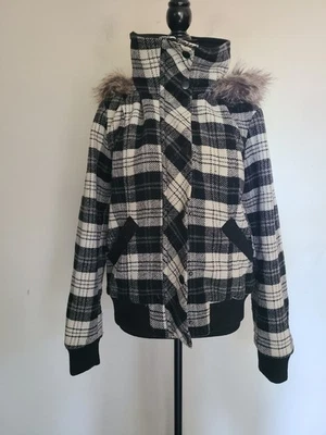 delias Women's Wool Polyester Black And White Plaid Faux Fur Hoodie Jacket L - Image 1 of 4