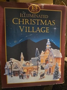 Christmas Village 13 Piece illuminated Toy Shop Book Store Post Office Church - Picture 1 of 7