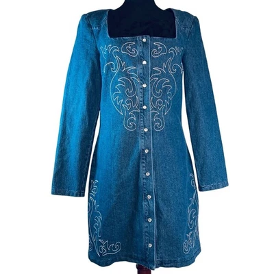 Avec Les Filles Size 8 Denim Dress Embroidered Long Sleeve Square Neck NWT - Image 1 of 4