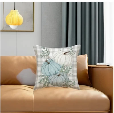 1pc Fall Pillow Cover Pumpkin, Eucalyptus Leaves, Buffalo Plaid-16x16in-Linen - Image 1 of 4