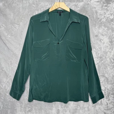 Camisa Eileen Fisher Mujer Pequeña Verde 100% Seda Popover Blusa Manga Larga Foto 1 de 4
