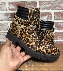 Timberland Womens A2GCR Black Tan Leopard Cheetah Lace up Mid Hiker Boots SZ 8 - Picture 1 of 11