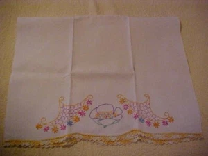 HAND EMBROIDERED SINGLE PILLOWCASE, FLOWERS AND YELLOW BASKETS, YELLOW CROCHET - Picture 1 of 4