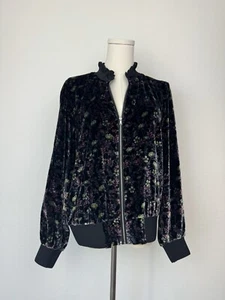 Rebecca Taylor Size L Floral Ruffle Hem Navy Velvet Full Zip Bomber Jacket - Picture 1 of 6