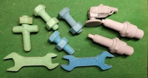 VINTAGE NOVELTY ERASER RUBBER 1980's WRENCH NUTS BOLTS GRINDER SPARK PLUGS RARE - Picture 1 of 2
