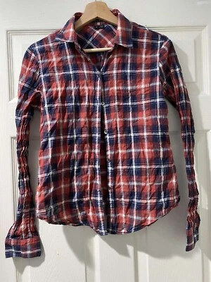 THEORY 女式上衣格子纽扣衬衫褶皱红色/蓝色娇小 S 棉 — 第 1/4 张图片