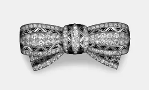 Art Deco 3.00CT Cubic Zirconia Black Enamel Accents Bow Brooch Pin In 935 Silver - Picture 1 of 3