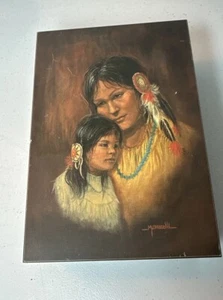 Vtg HANDPAINTED M CAROSELLI CEDAR WOOD SMALL JEWELRY TRINKET BOX Native American - Picture 1 of 7