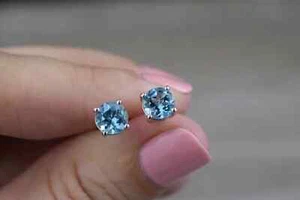 3Ct Round Solitaire Lab Created Aquamarine 14k White Gold Plated Stud Earrings - Picture 1 of 6