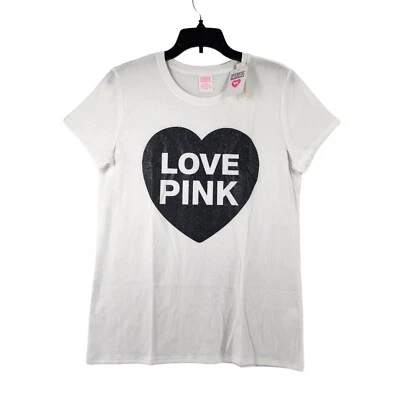 NEW Victorias Secret PINK Originals Campus T Shirt M Black Glitter Heart White - Image 1 of 4