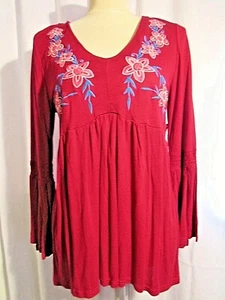 NEW DIRECTIONS WOMENS BURGUNDY LONG BELL SLEEVES W EMBROIDERY TUNIC SIZE PM NWT - Picture 1 of 6