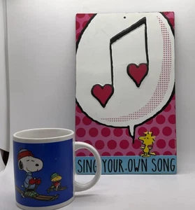 Snoopy and Woodstock mug and wall plaque skiing. musical notes - Picture 1 of 9