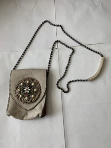 LR LEDEROCK Handtasche Schultertasche Leder beige Kristall Strass - Bild 1 von 17