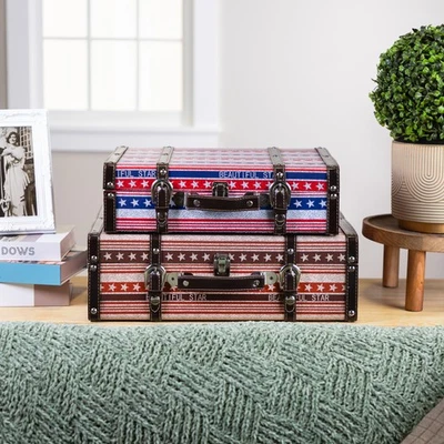 Northlight 2 Red White Blue Beautiful Star Wooden Luggage Trunks 17.5" - Image 1 of 4