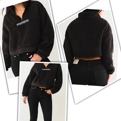 Pullover True Religion para mujer Sherpa con logotipo arqueado media cremallera. Negro. Talla XL.Nuevo. Foto 1 de 4