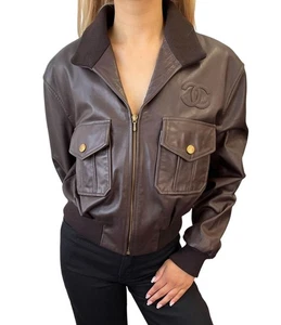 CHANEL Vintage CC Mark Logo Leather Jacket Top #38 Brown Gold Silk Zip - Picture 1 of 12