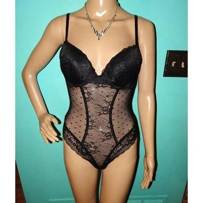 Vintage Black Body Girdle 34 B sheer lace polka dots pinup retro rockabilly - Image 1 of 4