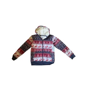 Fleece Lined Hoodie Christmas Reindeer Fair Isle Zip Up Sweater M (10/12) - Picture 1 of 5