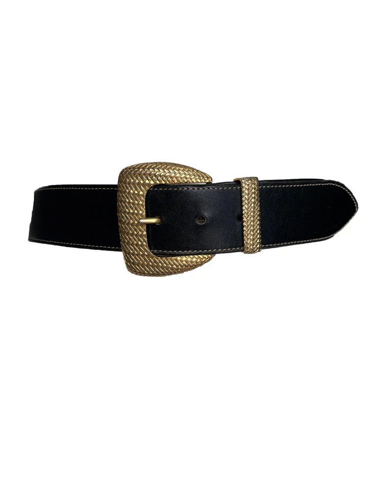 Escada Black Leather Belt Gold Woven Buckle Made in Italy Women’s Size 35” - Image 1 of 4