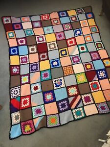 Vintage  Hand Crochet Knitted Granny Squares Blanket  52” x 62” shabby chic