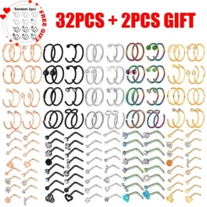 32PCS Nose Hoop Rings L Shaped Pin Studs 20G Surgical Steel Piercing Jewelry Set - Picture 1 of 25