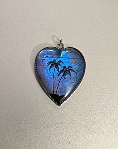 Vintage Silver Butterfly Wings Palm Trees Sunset Pendant ๐ - Picture 1 of 3