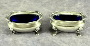 Set of 2 Matching Antique Sterling Silver Salt Cellars Cobalt Liners Adie 1927 - Picture 1 of 12