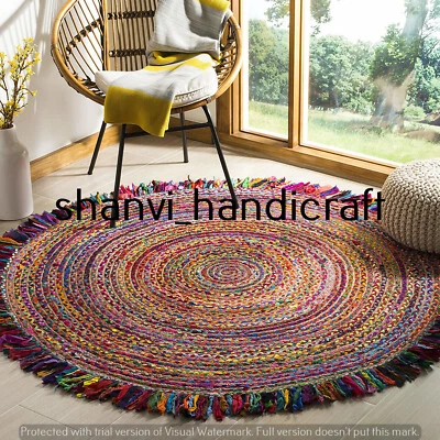 Round Natural & Multi Colour Braided Jute Cotton Rug Reversible Floor Decor Rags - Image 1 of 3