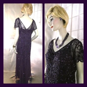 GLAMOUR Oleg Cassini Dress Sz 10 Formal Beaded Purple Evening Gown Short Sleeves - Picture 1 of 12